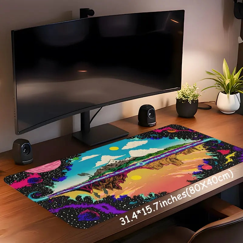 Psychedelic Space Galaxy Trippy Landscape Large Gaming Mouse Pad,Aesthetic Desktop Drotection Pad,Washable Rubber Pad Non-Slip Lock Edge Multi-Size Mouse Pad Suitable For Home Office,Good Gift for Family and Friends
