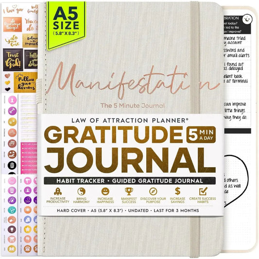 Gratitude Diary for Women and Men, 5 Minute Self Care Journal, 90 Day Undated Daily Planner for Positivity, Affirmations and Events, Guided Awareness