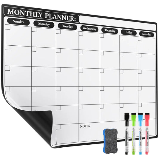 MaxGear Magnetic White Board Calendar for Fridge, 16x12in Monthly Dry Erase Planner for Home Meal Planning & Track Schedules, Strong Magnetic Backing, Easy to Wipe Clean, Includes Markers and Eraser