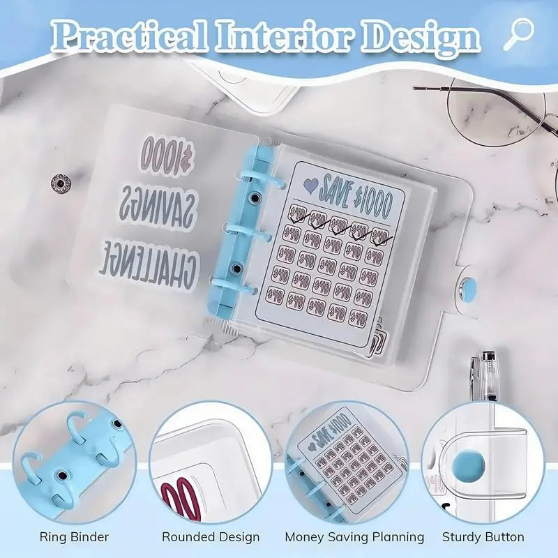$1000 Mini Money Saving Binder Reusable Cash Envelope System – 2026 Budget Binder, 2026 Upgraded，Transparent PVC Pockets, Portable Budget Binder for Money Saving & Cash Stuffing, Perfect Finance Planner & Gift Flexible Durable