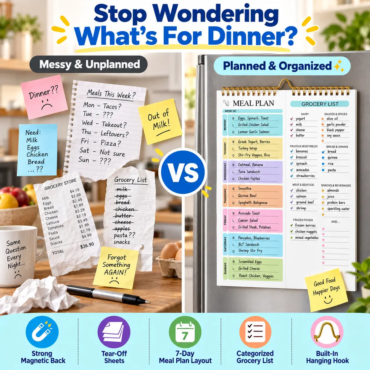 Weekly Meal Planner Notebook for Fridge with Grocery List, Magnetic Backing, 50 Tear-Off Undated Sheets, 7-Day Meal Planning & Meal Prep Organizer, Kitchen Grocery Shopping Planner, 6 x 8.5 Inch, Back to School Organization