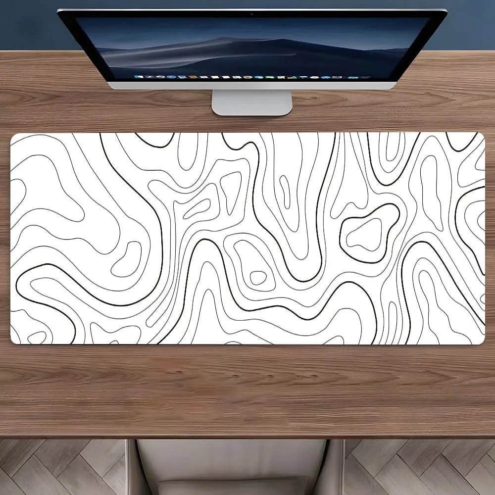 1 Piece Black Lines Topographic Large Gaming Mouse Pad, Abstract Streamline Non-Slip Rubber Base Stitched Lock Edge Desk Mat, Durable Computer Suitable for Home Office & Gaming Setup,Perfect Gift For Gamers