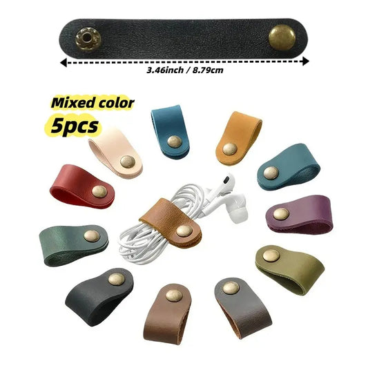 5pcs Faux Leather Cable Organizers for Cords with Metal Clips, Multi-Color, Durable Design, Cable Cord Holder, Cord Management Holders, Desk Cable Organizer, Office Desk Accessories, Cable Storage, Desk Wire Management